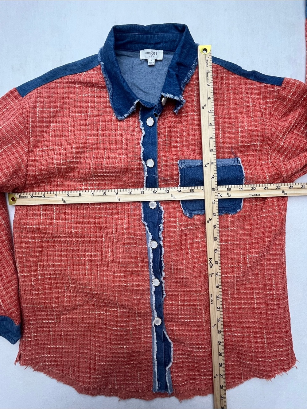 Umgee Rust Orange Denim Raw Edge Distressed Womens Shacket Shirt Medium - Picture 8 of 8